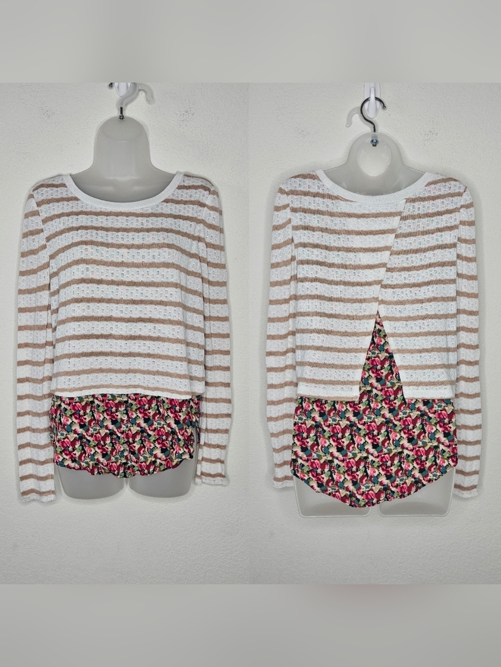Anthropologie Boho Girly Mixed Media Layered Striped Ditsy Floral Sweater Top M